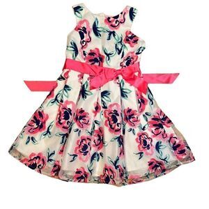 Zunie sz 6 girls white & pink roses floral layered party dress sash + high neck